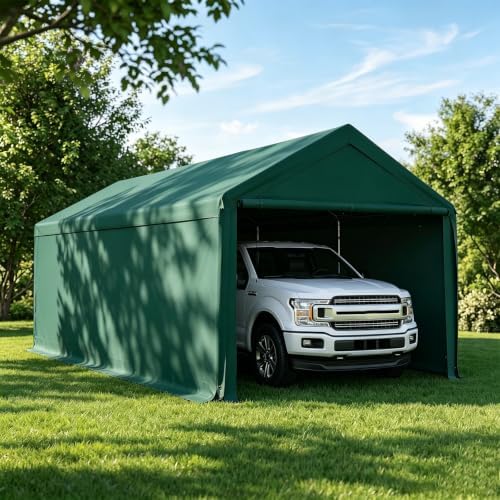 Carport 10x20 Ft Heavy Duty Canopy Steel Canopy Storage Shed,Portable Party Tent,Portable Garage with Removable Sidewalls & Doors All-Season Tarp for Carport Green by GREZONE