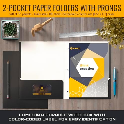 Better Office Products Black Paper 2 Pocket Folders with Prongs, 50 Pack, Matte Texture, Letter Size Paper Folders, 50 Pack, with 3 Metal Prong Fastener Clips, Black - Image 2
