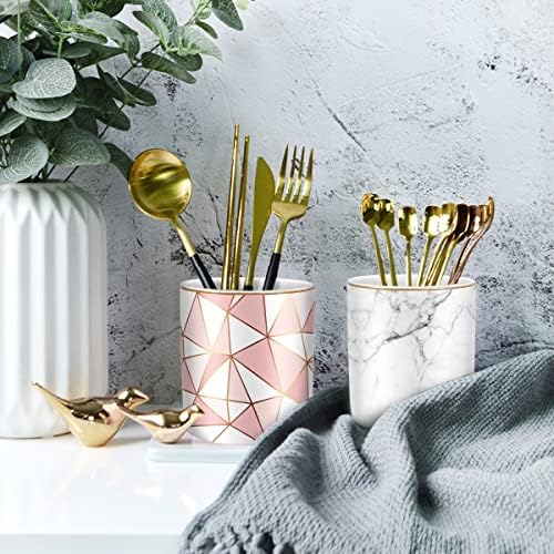 Pen Holder for Desk Cute, Modern Marble Desk Organizer, Durable Ceramic Pencil Cup, Makeup Brush Holder Cup, Multifunctional Office Stationery Holder for Women, Men, White Marble - Image 7