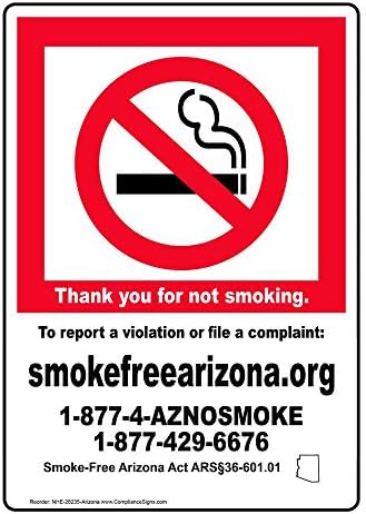 ComplianceSigns.com Arizona Thank You For Not Smoking. Smoke-Free Az Sign, 10x7 inch Aluminum for No Smoking by ComplianceSigns