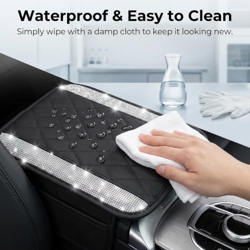 Sparkly Car Center Console Cover, Premium Rhinestone Armrest Cover for Car Center, Microfiber Leather Auto Arm Rest Cushion with Side Storage Pockets, Universal for Most Vehicles (Silver) - Image 5