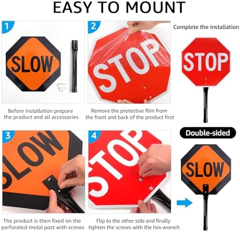 GicnKeuz 2 Pack Stop Slow Sign with Metal Handle, 13x13 inches Double Sided Slow/Stop sign, Traffic Reflective Aluminum Sign, Fade Resistant/Waterproof, Easy to Mount (Red & Orange) - Image 4