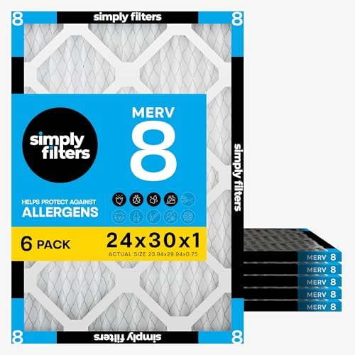 Simply 24x30x1 Air Filter, Merv 8, 6 Pack, For Home AC Furnace & HVAC (Actual Size: 23.94"x29.94"x0.75") DUST, Pet & Allergy Control, by SimplyFilters