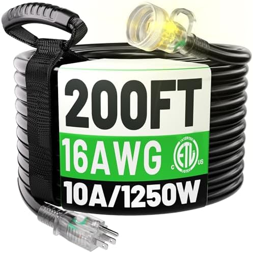 POWGRN 200 FT 16 Gauge Black Indoor/Outdoor Extension Cord Waterproof by POWGRN