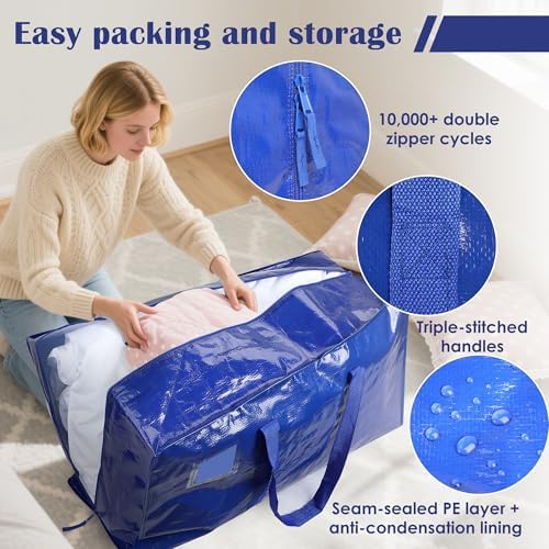 6 Pack Moving Bags with Full-Open Side Zipper, Extra Large 93L Heavy Duty Waterproof Foldable Storage Totes for College Dorm, Moving & Home Organization,Blue - Image 3