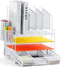 Marbrasse Desk Organizers, 4-Tier Mesh Desk File Organizer with 5 Vertical File Holders and 2 Pen Holders, Multifunction Desktop Organizer,Desk Organizers and Accessories for Home Office (White) by Marbrasse