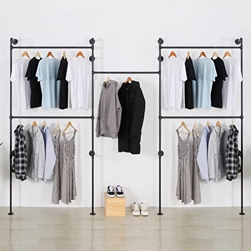 Industrial Pipe Clothes Rack, Heavy Duty Detachable Wall Mounted Black Iron Garment Bar, Clothing Store Display Stands Garment Rack Closet System (125.5 x 93.7inch) by EDCB