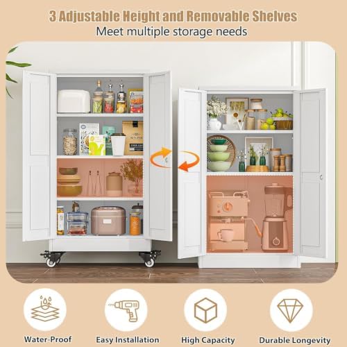 47" Metal Garage Storage Locker Cabinet with Wheels,Rolling White Kitchen Pantry Cabinet with 2 Doors and 3 Adjustable Shelves, Steel File Tool Cabinet for Home Office Living Dinning Room Warehouse - Image 3