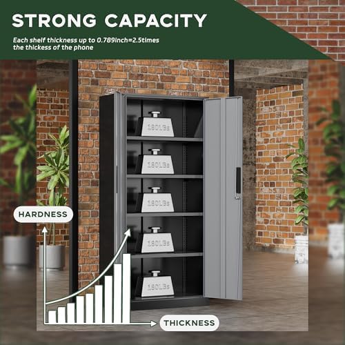 Greenvelly Metal Garage Storage Cabinet, 72" Black Gray Tool Steel Locking Cabinet with Doors and 4 Shelves, Tall Cabinets for Garage Storage Systems Lockable File Cabinet for Home Office,Garage - Image 7