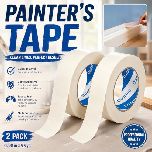 White Painters Tape 1 Inch Wide, 2 Rolls Masking Tape 0.98 Inch x 55 Yards – Strong Adhesion Paint Tape, No Residue White Masking Tape for Wall Painting, DIY, Packaging, Multi-Surface Use - Image 2