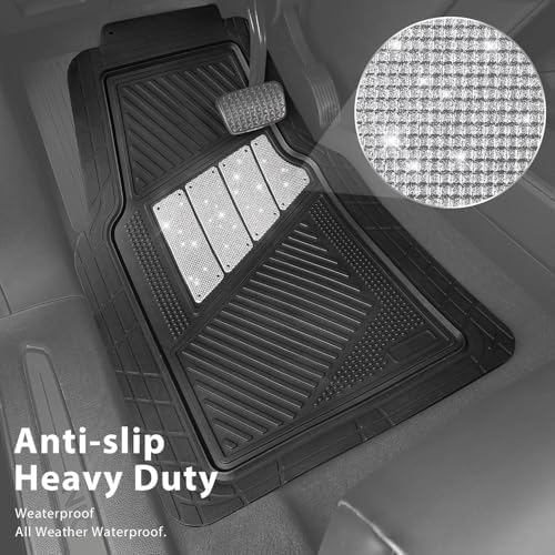 CAR PASS Heavy Duty Rubber Floor Mats 4-Piece Bling Car Mats Full Set - Universal Waterproof Floor Mats for SUV Truck, Durable All Weather Car Mats, Automotive Mats for Women Glitter Silver - Image 3
