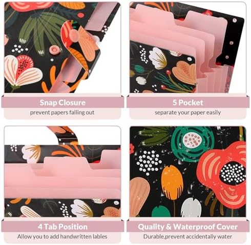 SKYDUE Expanding File Folder with 5 Pockets, Floral Accordion File Organizer for Important Document, Portable Receipt Paper Organizer, School Office Supplies Black - Image 3