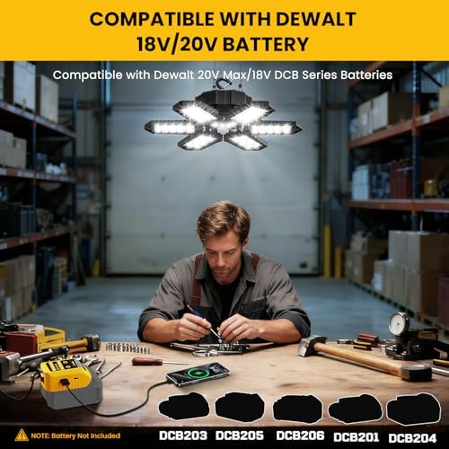 LED Work Light Compatible with Dewalt 20V Battery - 68W 6800LM Ceiling Flood Light 6+1 Deformable Panels Garage Light with Type-C & USB-A, Emergency Camping Light for Shed, Workshop, Job Site - Image 3