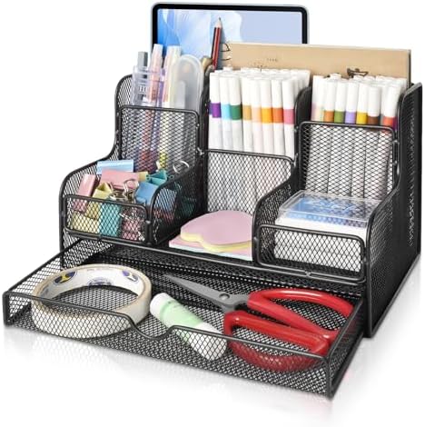 Black Mesh Desk Organizer Caddy and Accessories with 7 Compartments, Mesh Multifunctional Desktop Accessories Organizers Office Supplies Desktop Organizer for Home, Office by Essovee