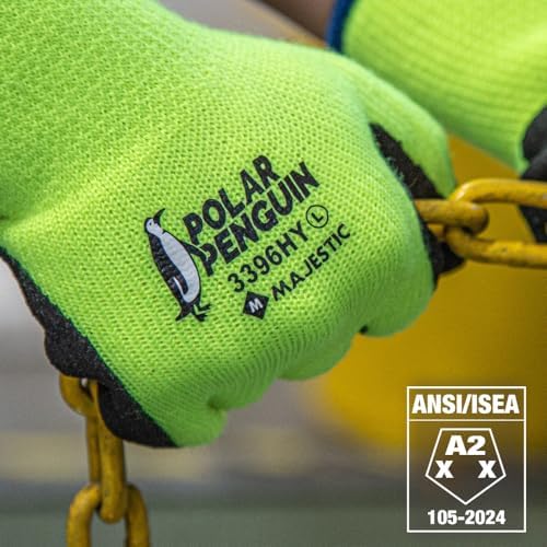 Majestic Polar Penguin Winter Lined Napped Terry Glove with Foam Latex Dipped Palm | 1 Dozen - MED | ANSI A2, Heavyweight Glove, Hiviz Yellow/Black | Automotive, Industrial, Manufacturing | 3396HY - Image 4