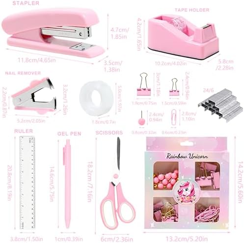 COMFYROOM Pink Desk Accessories with Pen Holder, Pink Office Supplies Desk Organizers and Accessories for women, Tape Dispenser, Stapler, Staple Remover, Staples, Clips Set, Ruler, Scissor, Pen, Tape - Image 4
