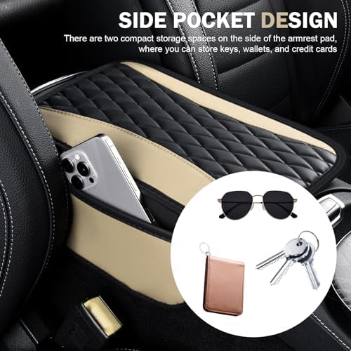 Car Center Console Cover, Upgraded Patchwork Leather Arm Rest Cover with Side Storage Pockets, Comfortable Auto Armrest Protector Cushion, Universal Middle Console Pad for SUV, Sedan (Beige) - Image 6