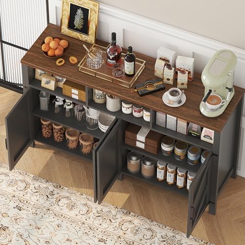 knoworld Buffet Sideboard with Storage Farmhouse, Large Kitchen Storage Cabinet Wood Coffee Bar Cabine Buffet for Kitchen, Living Room, 55in, Black - Image 6