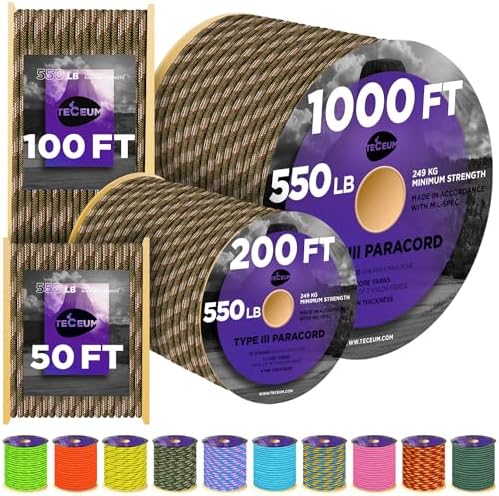 Paracord Rope 550 lb 4mm – Parachute Cord – Utility Camping Rope by TECEUM