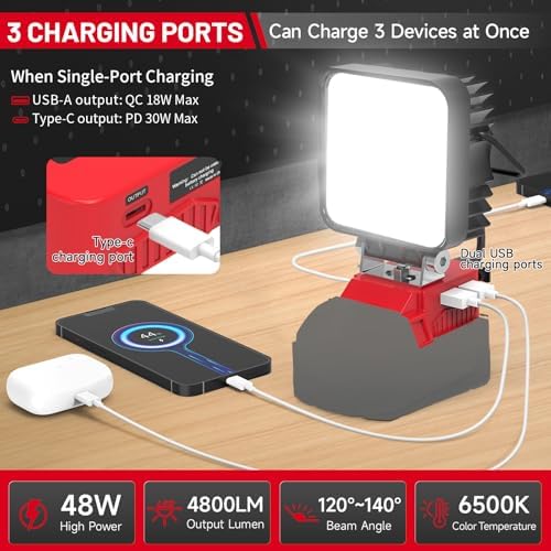Azocek LED Work Light Compatible with Mil-wau-kee 18V Battery 4800LM - Image 5