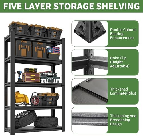 72" H Garage Shelving, Garage Shelves Heavy Duty, 5 Tier Adjustable Garage Storage Shelves for Warehouse, Basement, Workshop, Kitchen, Require Assembly, 16''D*36''W*72''H, Black - Image 4