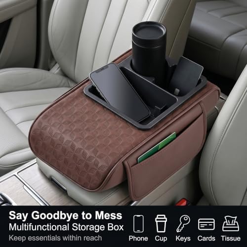 Car Armrest Cushion, Center Console Cover Pad with Cup Holder, Storage Box & Card Organizer, Breathable Pattern Armrest Support Pad, Universal for Most Cars SUVs Trucks (Coffee) - Image 6
