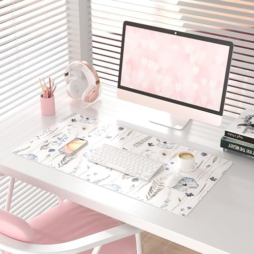 QiyI PU Leather Large Mouse Pad, Office Decor, 31.5" x 15.7", Blue Flowers - Image 2