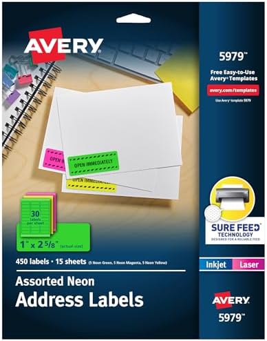 Avery Printable Address Labels with Sure Feed, 1" x 2-5/8", Assorted Neon Colors (Magenta, Green and Yellow), Laser & Inkjet Compatible, 450 Blank Labels Total (5979) by Avery