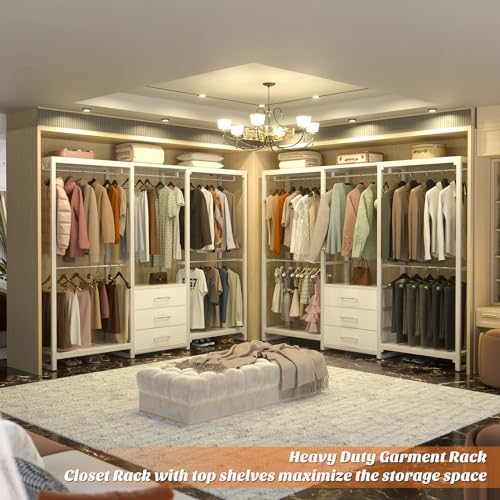 Aheaplus Garment Rack Heavy Duty Clothes Rack for Hanging Clothes,Clothing Rack with Drawers, Wood Stoarge Shelf Freestanding Closet Wardrobe Rack, Corner L Shaped Closet System Organizers, W3,White - Image 5