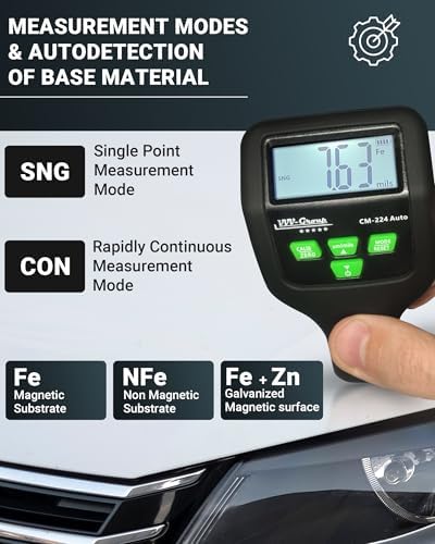 Paint Thickness Gauge CM-224 Auto – Digital Coating Thickness Meter for Cars and Automotive Inspection, Fe / Al / Fe+Zn Detection, 0.1 μm Resolution, Factory Calibrated, Large Backlit LCD - Image 5