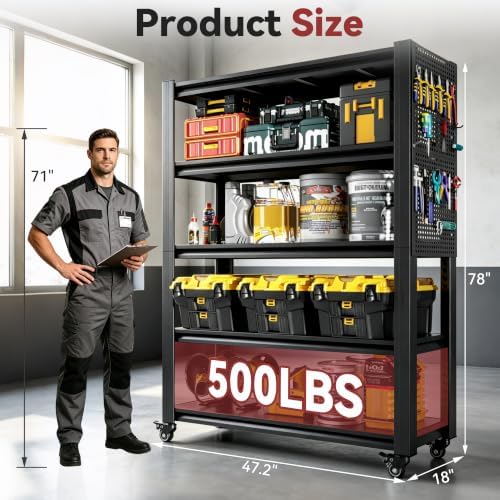 78" H x 47.2" W x 18" D Garage Storage Shelves with Wheels and Pegboard - Image 3