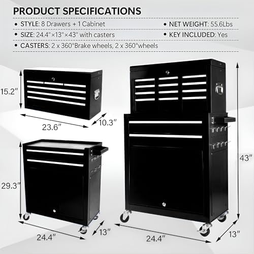 Dawmilon 8-Drawer Rolling Tool Chest with Multiple Drawers, Heavy Duty Metal Tool Cabinet for Garage and Workshop Storage, Lockable Top Chest, Black - Image 3