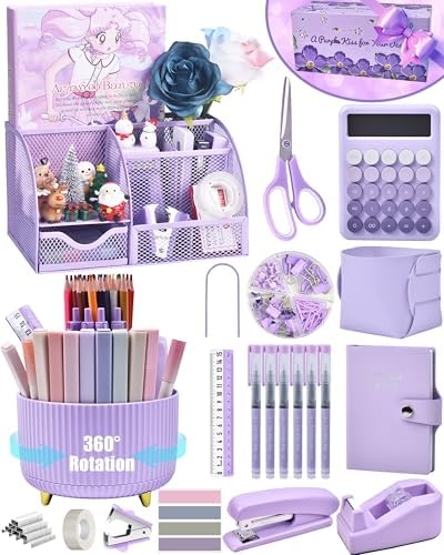 LXEVIHK Purple Desk Accessories 21-Piece Office Supplies Gift Set for Women by StyleYourDeskinOneColor