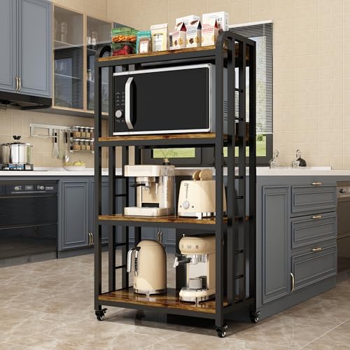 4-Tier Kitchen Baker's Rack with Rolling Wheels, Microwave Oven Cart Stand, Adjustable Utility Shelving Storage Unit, Heavy Duty Organizer Rack for Living Room, Garage, Home and Office(Brown) - Image 6