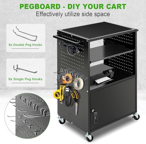 AV Cart, Computer Carts with Wheels and Power, Steel Cart with Locking Cabinet & Pullout Keyboard Tray, Projector Media Carts with Side Pegboard & 12 Hooks for School Office, Black - Image 3