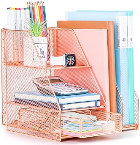 Topwey Rose Gold Desk Accessories, Office Supplies Desk Organizer Caddy with Sliding Drawer, Double Tray, File Organizer and pen holder for Home, Office School by Topwey