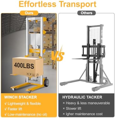122" 400lbs Material Lift Winch Stacker, Hand Winch Lift Truck with Fixed-Leg, Manual Material Lifter Pallet Stacker for Contractor, Workshop, Industrial, 34.60"L x 24.80"W, Yellow - Image 6