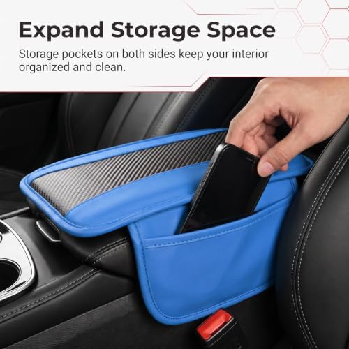 Car Center Console Organizer Cover, Carbon Fiber Texture Leather Armrest Cover with 2 Side Storage Pockets, Anti-Slip Elastic Console Pad, Car Interior Accessories for Most Cars (Blue) - Image 5