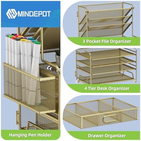 MINDEPOT 4-Tier Paper Organizer + 3-Pocket File Holder + Drawer + Pen Holders, Desktop File Organizers Paper Tray for Office Supplies School Classroom Organization (Gold, with Drawer & Pen Holder) - Image 3
