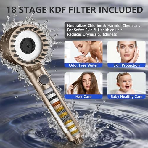 Filtered Shower Head with Handheld, High Pressure Water Flow and Multiple Spray Modes Shower Head with Filter, Power Wash for Hard Water, Showerhead with ON/OFF Switch for Pets Bath (Golden) - Image 3