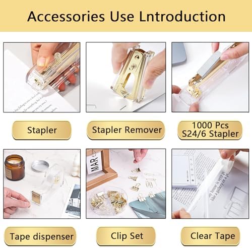 suniya Office Supplies,Gold Desk Accessories,with Stapler,Tape Dispenser,Pen Holder,Scissors,Phone Stand,Staple Remover,Ballpoint Pen,Clear Tape, Staples,Ruler,Clips,Best Gift for Business or Boss - Image 2