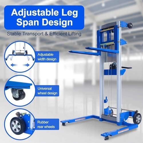 Material Lift Winch Stacker, 1.97"-70" Height Range, 500 lbs Capacity, 42.90"L x 43.30"W, Adjustable Straddle Hand Winch Lift Trucks for Warehouse, Factory - Image 4