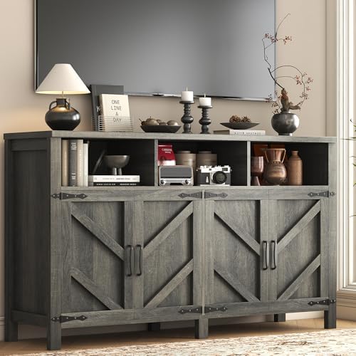 knoworld Buffet Sideboard with Storage Farmhouse, Large Kitchen Storage Cabinet Wood Coffee Bar Cabine Buffet for Kitchen, Living Room, 55in, Grey - Image 6