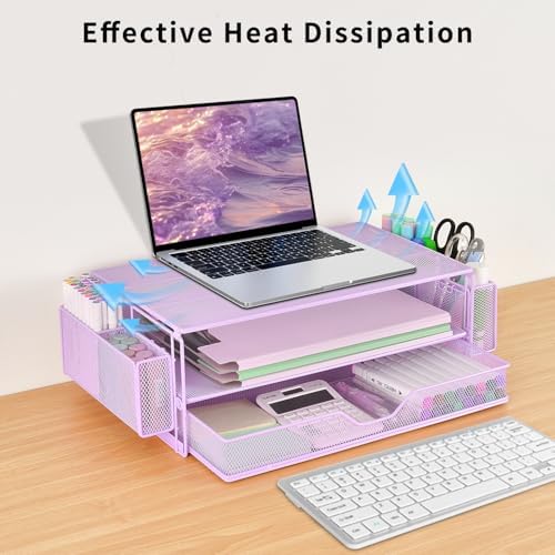 AUPSEN Computer Monitor Stands Riser，2-Tier Desk Organizers and Accessories, Office Desk Accessories Organizer with Drawers and 2 Pen Holder for Office Supplies (Purple) - Image 6