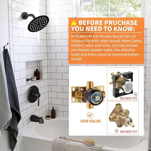 Tub Shower Faucet Set Valve Included with 6-Inch Rain Shower Head and Tub Spout Single-Handle Tub and Shower Trim Kit Matte Black - Image 2