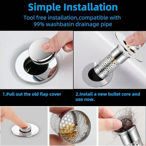 Bathroom Sink Drain Strainer 2 Pack,Bathroom Sink Stopper with Pop-Up Drain and Removable Hair Catcher, Stainless Steel Filter Basket, Fits Standard US Bathroom Sinks - Image 7