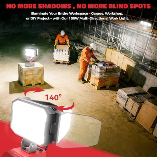 2PCS LED Work Light Compatible with Milwaukee 18V Battery, 150W 15000LM Flood Light, 6500K Daylight 3-Head Adjustable, USB Type-C&2 Brightness Modes Portable Flashlight Job Site Light (Tool Only) - Image 4