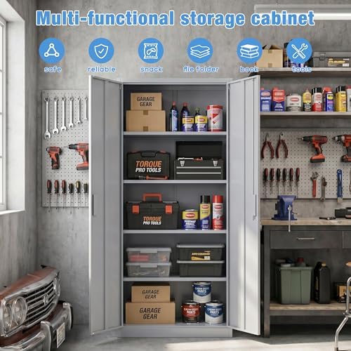 SUXXAN 71-Inch Grey Metal Storage Cabinet with Locking Doors - Image 4