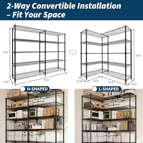 5-Tier Metal Storage Shelves, 70.8" W Heavy Duty Wire Shelving Unit - Image 2