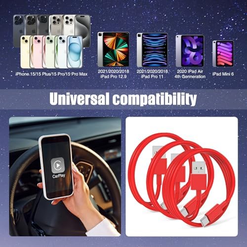 3-Pack Red [3.3FT+3.3FT+6FT] USB A to USB C Cable，USB to USB C Car Carplay Cable for iPhone 16 15 Pro Plus Pro Max，for iPad Pro/Air/Mini，for Samsung S24/S23/S22/S21，for MacBook Pro/Air and More - Image 6